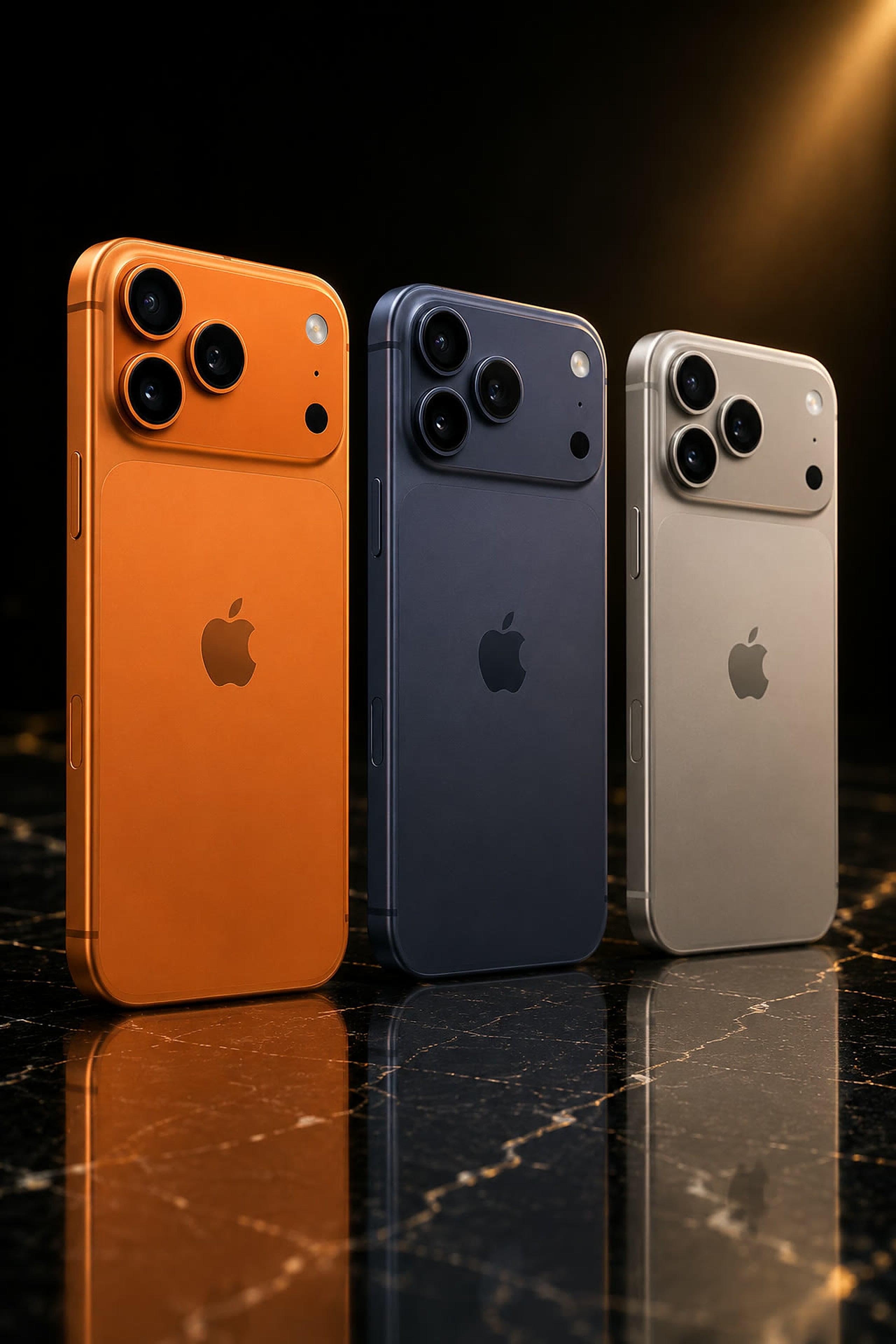 iPhone 17 Pro Max in cosmic orange, deep blue and silver on black marble