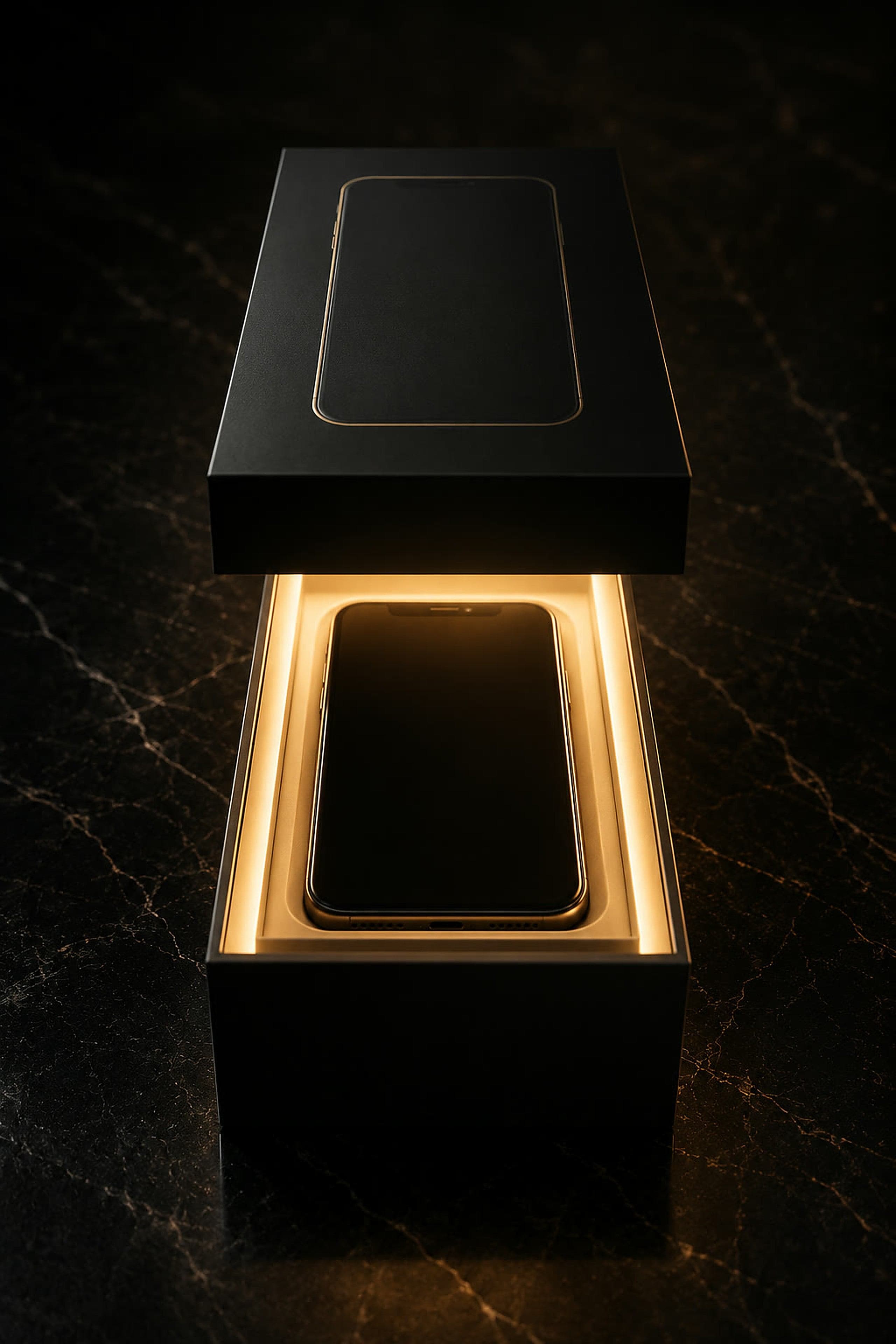 A sealed phone box, lit from above
