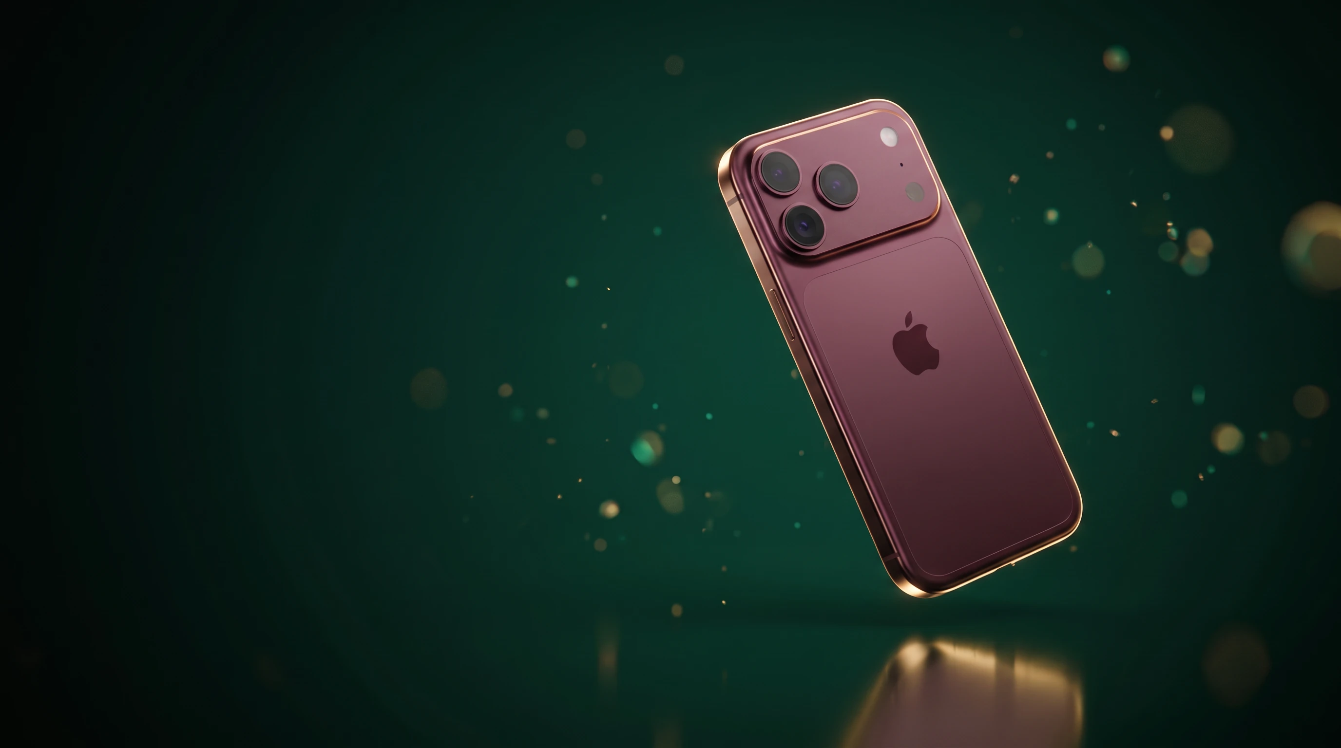 Burgundy iPhone 18 Pro floating in an emerald studio