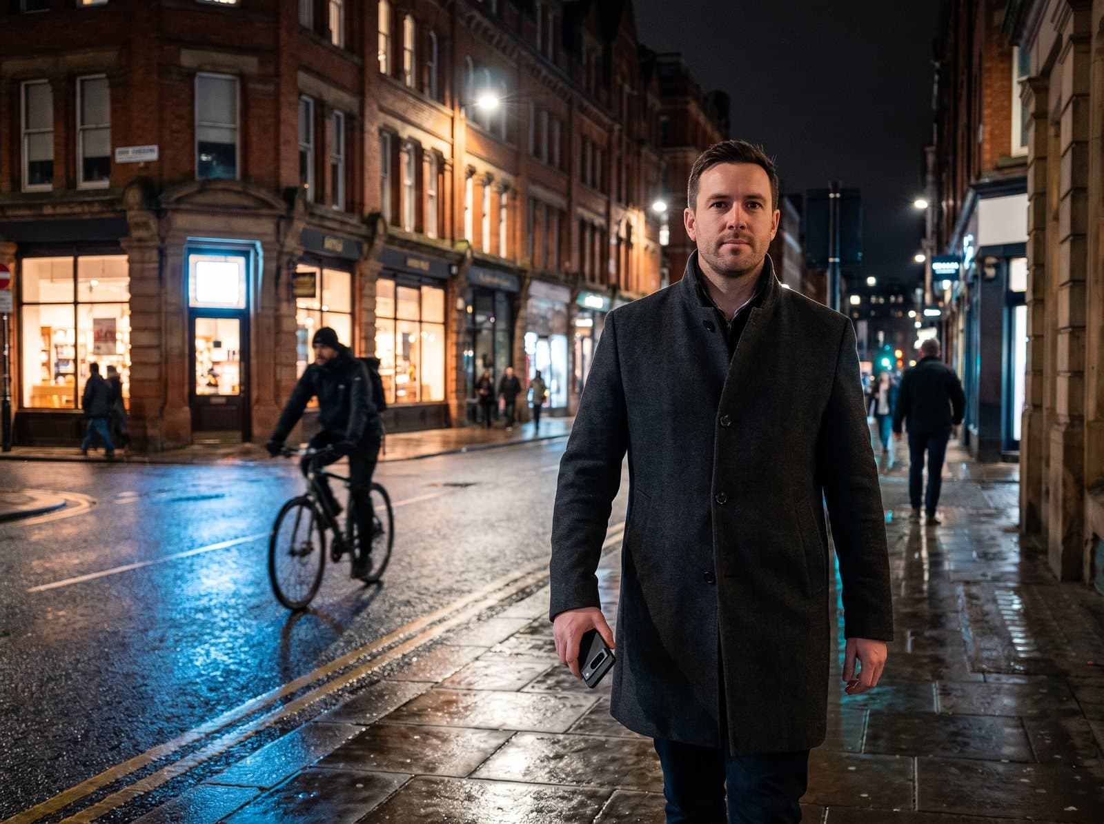 Someone holding a phone on a busy city street at night